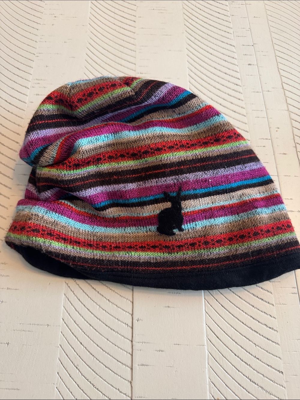 Colita Ladies Knit Multicolor Striped Beanie with Rabbit Embroidery L